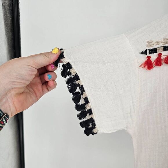 Johnny Was Biya Ramar Peasant Boho Tassel Oversized Top White S - Picture 4 of 10